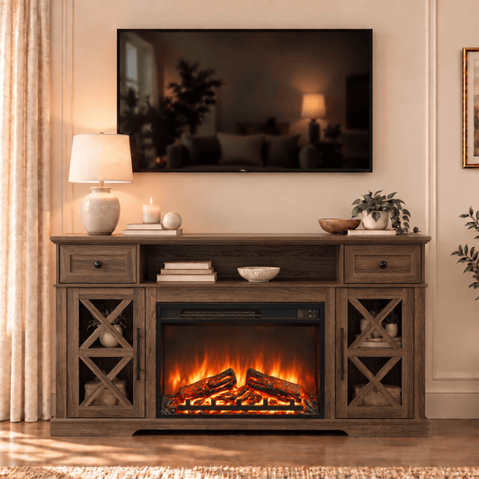 YINIX 1500W Electric Fireplace TV Stand with 31" Fireplace, 60" TV Console for TVs Up to 65", 9 Flame Colors, 12 Ambient Light Colors, 11 Heat Settings