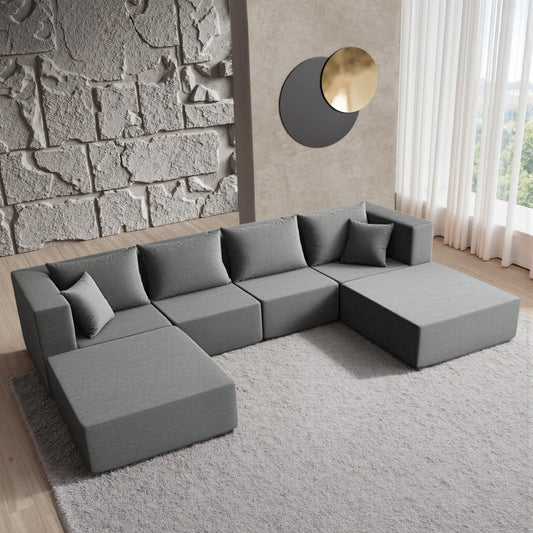 YINIX 140"Corduroy Sectional Sofa for Living Room, Comfy Cloud Couch with Movable Ottomans, Grey