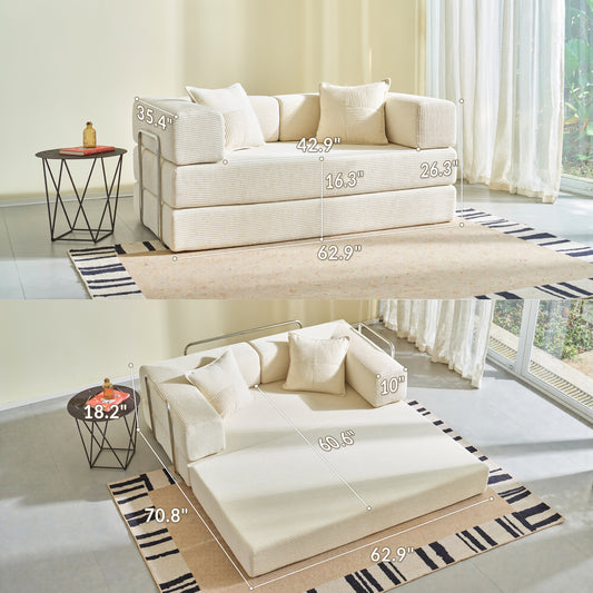 YINIX 62.9" Convertible Sleeper Sofa Bed with 2 Pillows, Removable Floor Sofa Couch for Living Room Small Spaces, Beige
