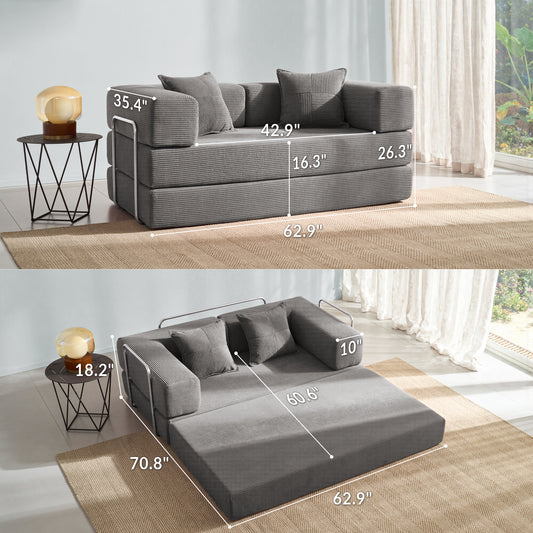 YINIX 62.9" Convertible Sleeper Sofa Bed with 2 Pillows, Removable Floor Sofa Couch for Living Room Small Spaces, Gray