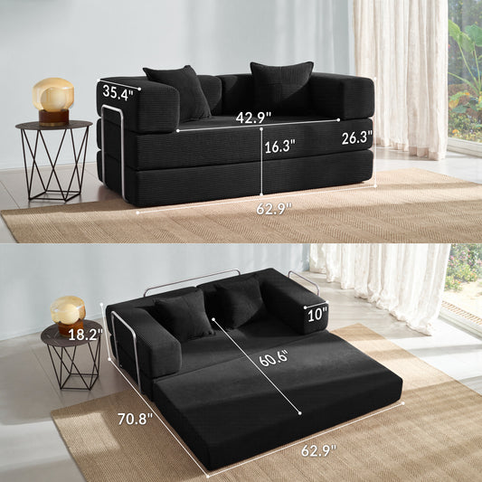 YINIX 62.9" Convertible Sofa Bed with 2 Pillows, Removable Floor Sofa Couch for Living Room Small Spaces, Black