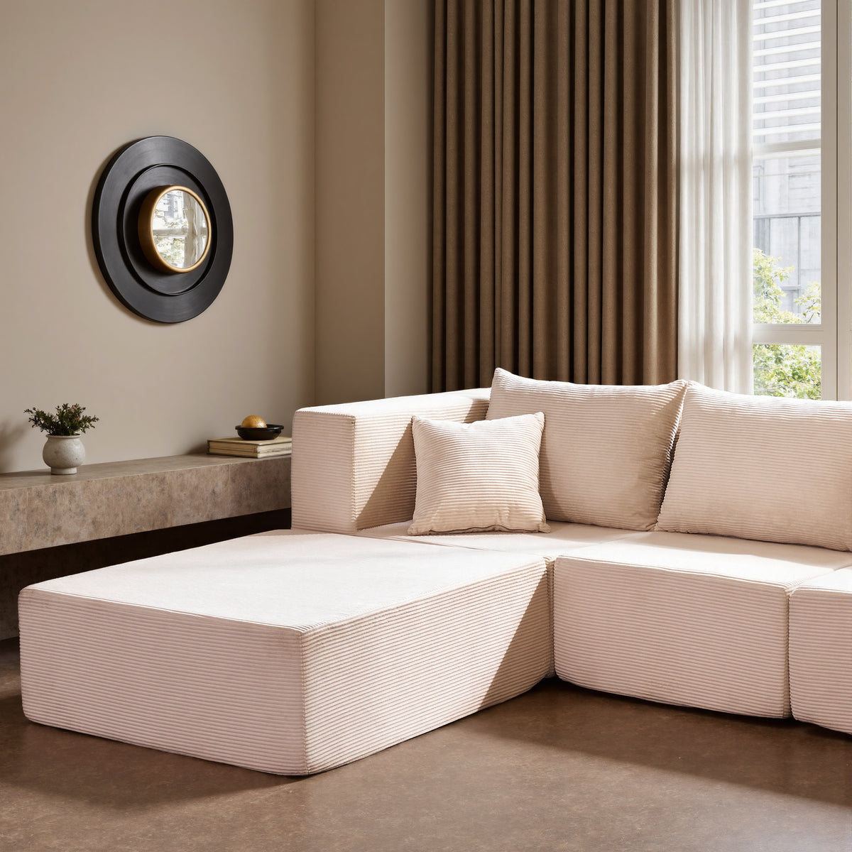 YINIX 140"Corduroy Sectional Sofa for Living Room, Comfy Cloud Couch with Movable Ottomans, Beige