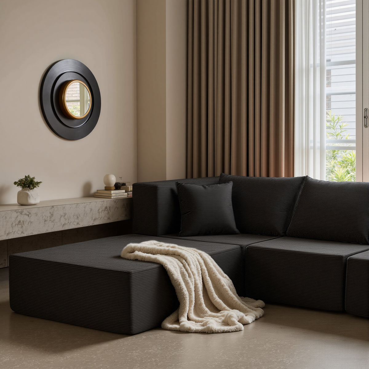 YINIX 140"Corduroy Sectional Sofa for Living Room, Comfy Cloud Couch with Movable Ottomans, Black
