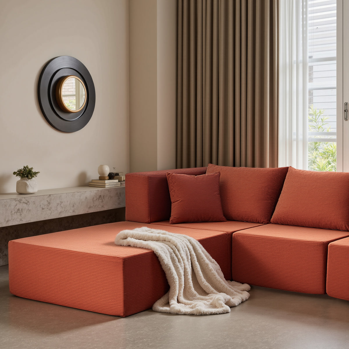 YINIX 140"Corduroy Sectional Sofa for Living Room, Comfy Cloud Couch with Movable Ottomans, Orange