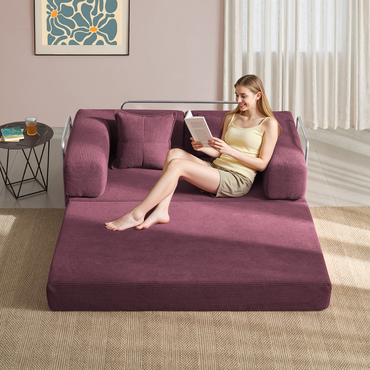 YINIX 62.9" Convertible Sleeper Sofa Bed with 2 Pillows, Removable Floor Sofa Couch for Living Room Small Spaces, Orange