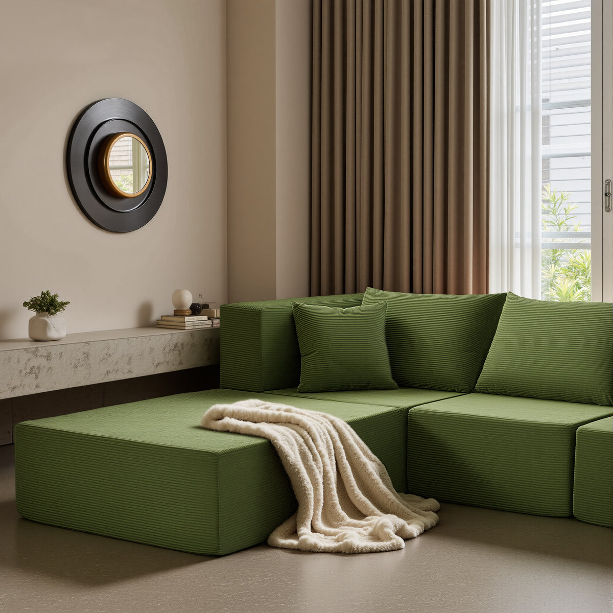 YINIX 140"Corduroy Sectional Sofa for Living Room, Comfy Cloud Couch with Movable Ottomans, Green