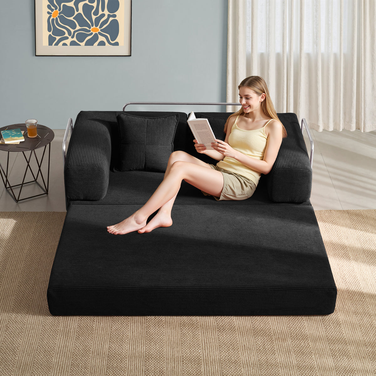 YINIX 62.9" Convertible Sofa Bed with 2 Pillows, Removable Floor Sofa Couch for Living Room Small Spaces, Black