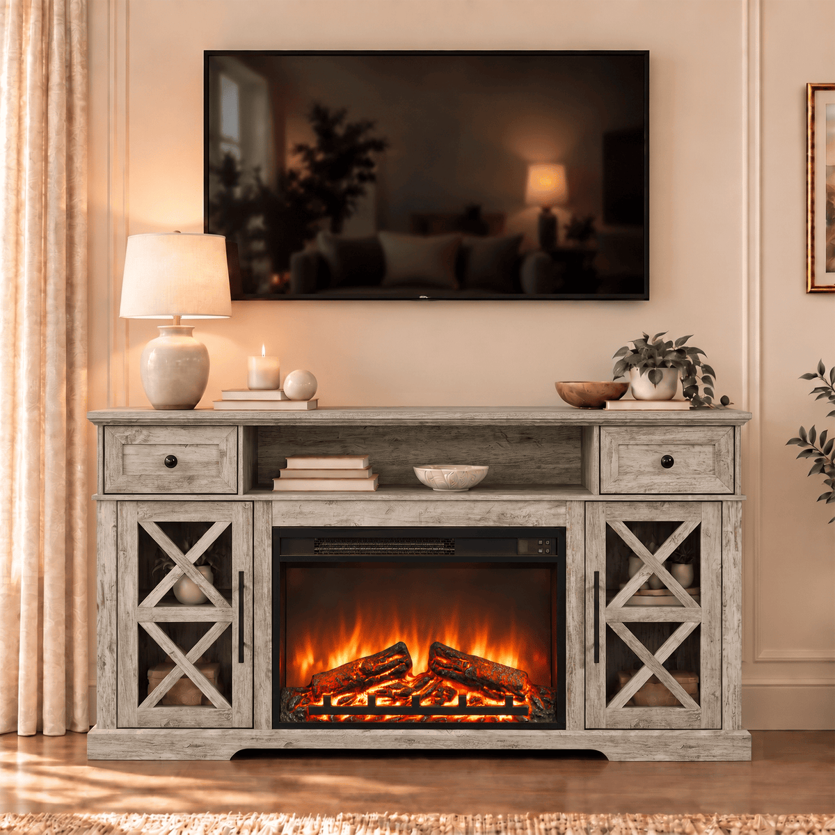 YINIX 1500W Electric Fireplace TV Stand with 31" Fireplace, 60" TV Console for TVs Up to 65", 9 Flame Colors, 12 Ambient Light Colors, 11 Heat Settings