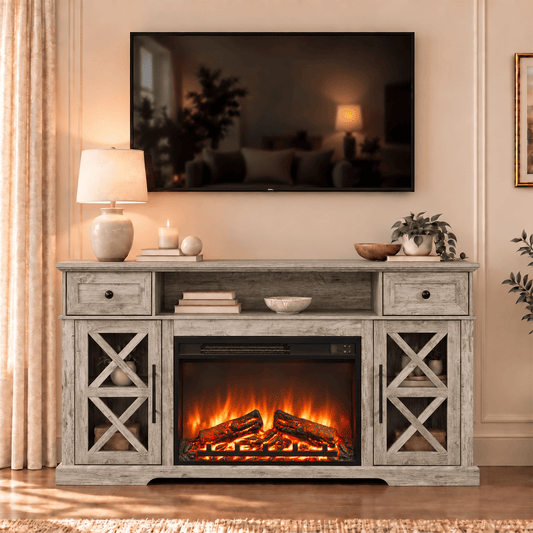 YINIX 1500W Electric Fireplace TV Stand with 31" Fireplace, 60" TV Console for TVs Up to 65", 9 Flame Colors, 12 Ambient Light Colors, 11 Heat Settings