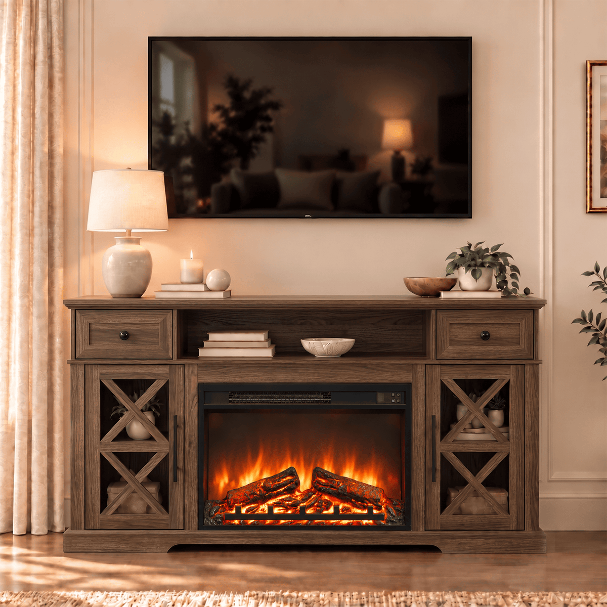 YINIX 1500W Electric Fireplace TV Stand with 31" Fireplace, 60" TV Console for TVs Up to 65", 9 Flame Colors, 12 Ambient Light Colors, 11 Heat Settings