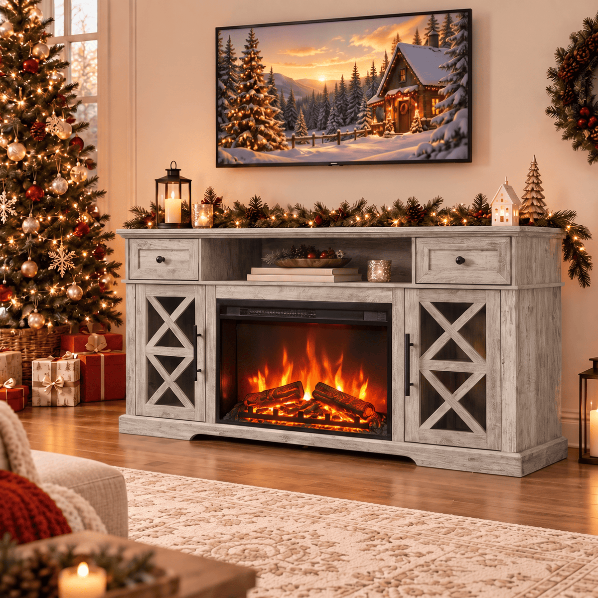 YINIX 1500W Electric Fireplace TV Stand with 31" Fireplace, 60" TV Console for TVs Up to 65", 9 Flame Colors, 12 Ambient Light Colors, 11 Heat Settings