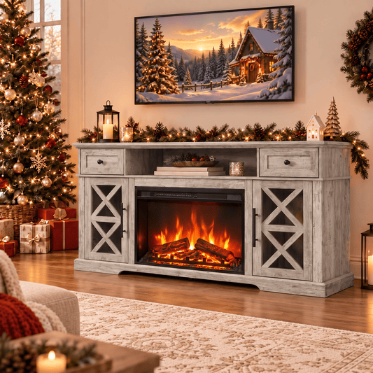 YINIX 1500W Electric Fireplace TV Stand with 31" Fireplace, 60" TV Console for TVs Up to 65", 9 Flame Colors, 12 Ambient Light Colors, 11 Heat Settings