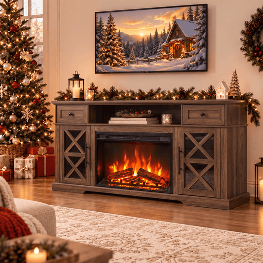 YINIX 1500W Electric Fireplace TV Stand with 31" Fireplace, 60" TV Console for TVs Up to 65", 9 Flame Colors, 12 Ambient Light Colors, 11 Heat Settings
