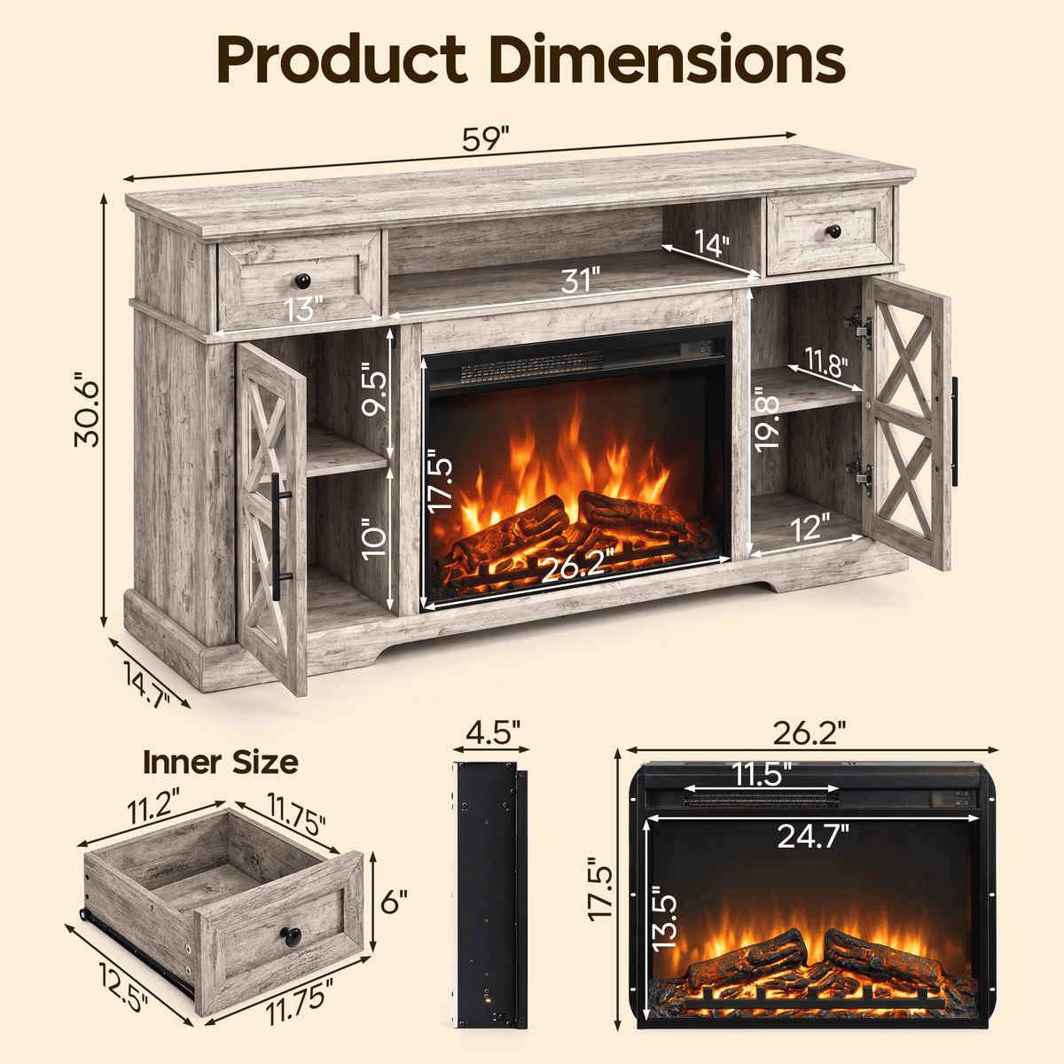 YINIX 1500W Electric Fireplace TV Stand with 31" Fireplace, 60" TV Console for TVs Up to 65", 9 Flame Colors, 12 Ambient Light Colors, 11 Heat Settings