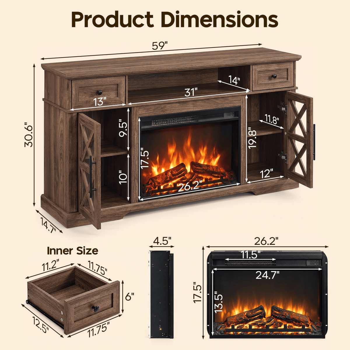 YINIX 1500W Electric Fireplace TV Stand with 31" Fireplace, 60" TV Console for TVs Up to 65", 9 Flame Colors, 12 Ambient Light Colors, 11 Heat Settings