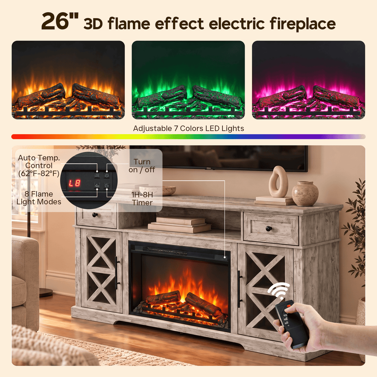 YINIX 1500W Electric Fireplace TV Stand with 31" Fireplace, 60" TV Console for TVs Up to 65", 9 Flame Colors, 12 Ambient Light Colors, 11 Heat Settings