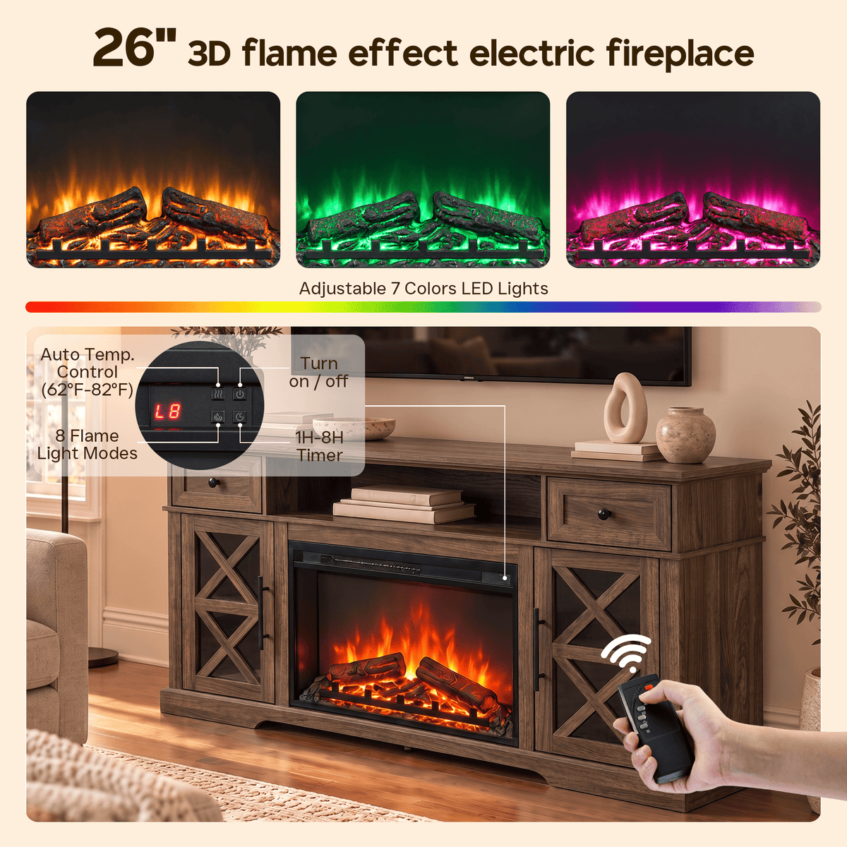 YINIX 1500W Electric Fireplace TV Stand with 31" Fireplace, 60" TV Console for TVs Up to 65", 9 Flame Colors, 12 Ambient Light Colors, 11 Heat Settings