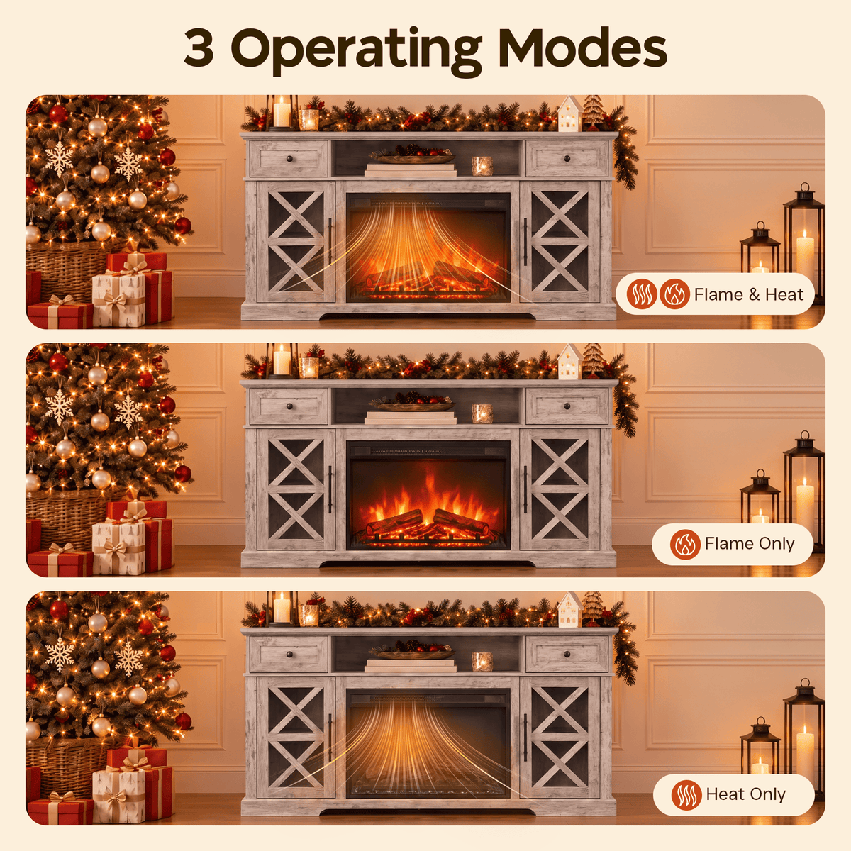 YINIX 1500W Electric Fireplace TV Stand with 31" Fireplace, 60" TV Console for TVs Up to 65", 9 Flame Colors, 12 Ambient Light Colors, 11 Heat Settings