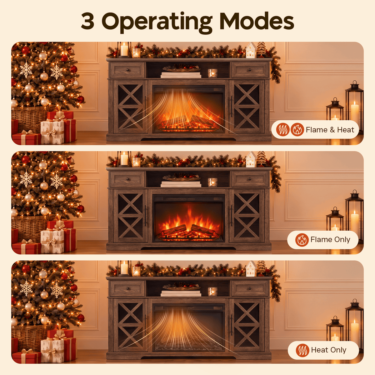 YINIX 1500W Electric Fireplace TV Stand with 31" Fireplace, 60" TV Console for TVs Up to 65", 9 Flame Colors, 12 Ambient Light Colors, 11 Heat Settings