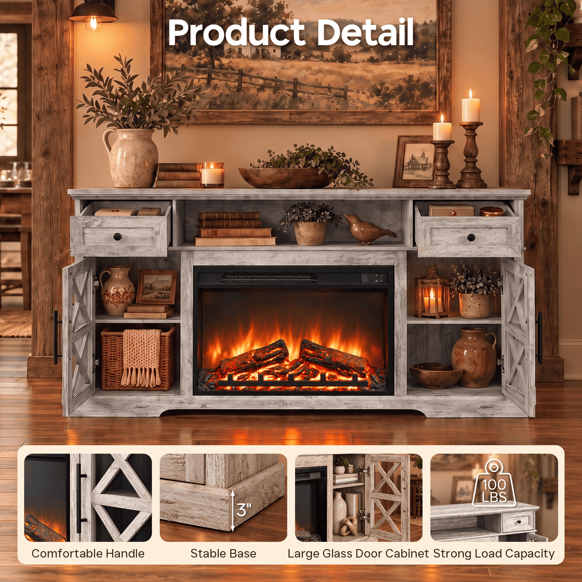 YINIX 1500W Electric Fireplace TV Stand with 31" Fireplace, 60" TV Console for TVs Up to 65", 9 Flame Colors, 12 Ambient Light Colors, 11 Heat Settings
