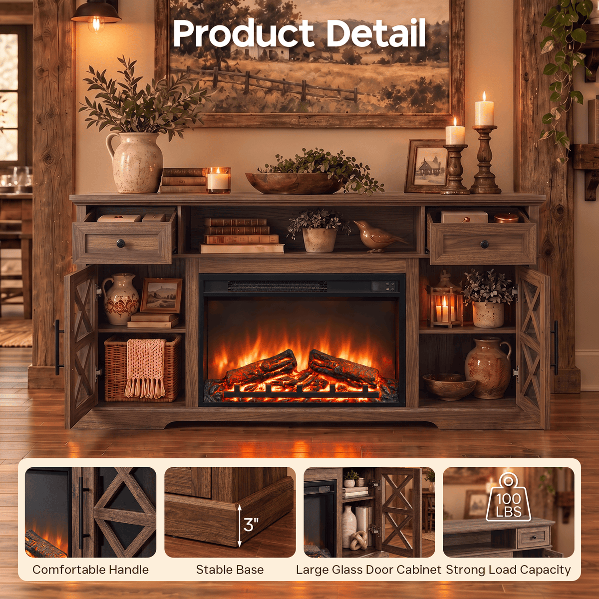 YINIX 1500W Electric Fireplace TV Stand with 31" Fireplace, 60" TV Console for TVs Up to 65", 9 Flame Colors, 12 Ambient Light Colors, 11 Heat Settings