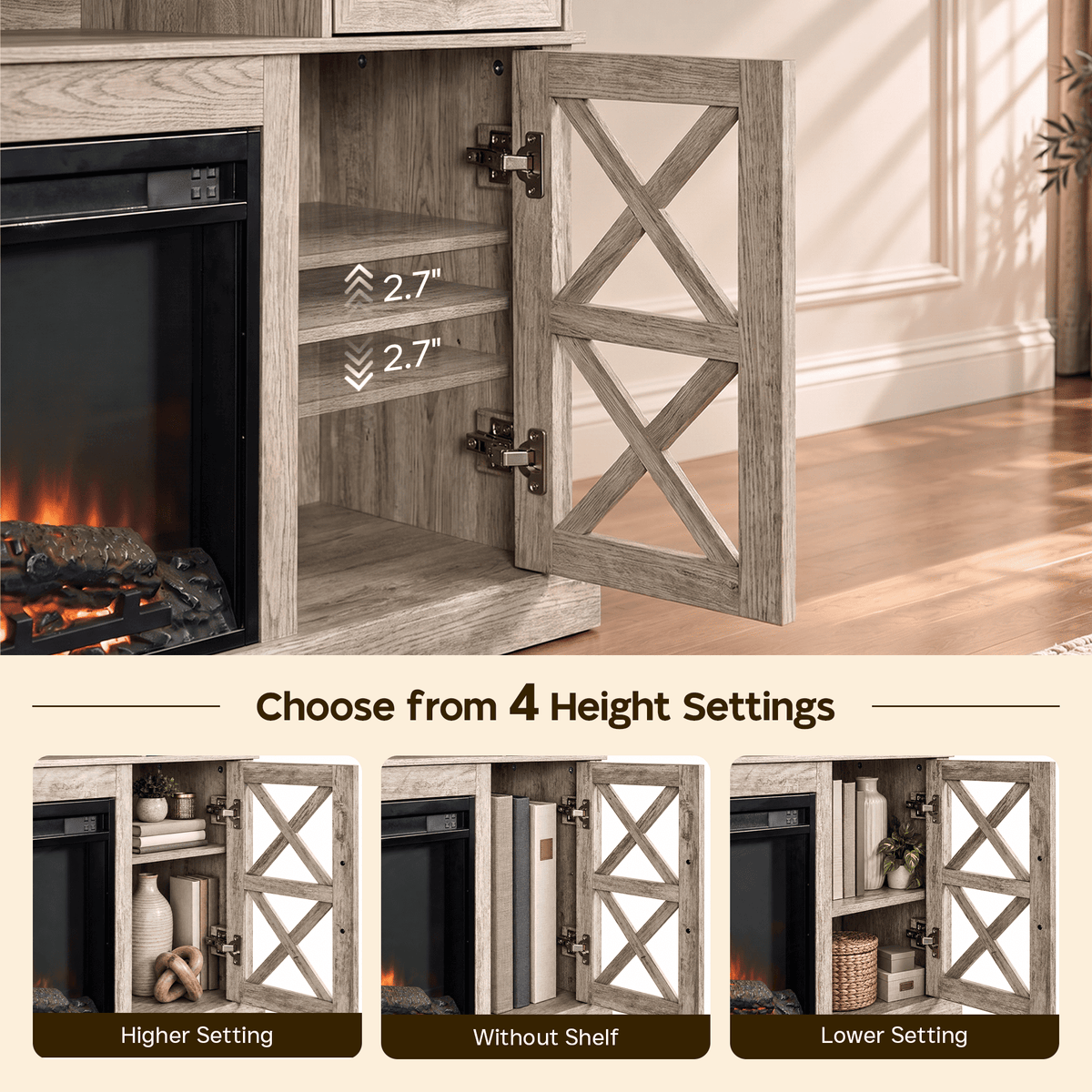 YINIX 1500W Electric Fireplace TV Stand with 31" Fireplace, 60" TV Console for TVs Up to 65", 9 Flame Colors, 12 Ambient Light Colors, 11 Heat Settings