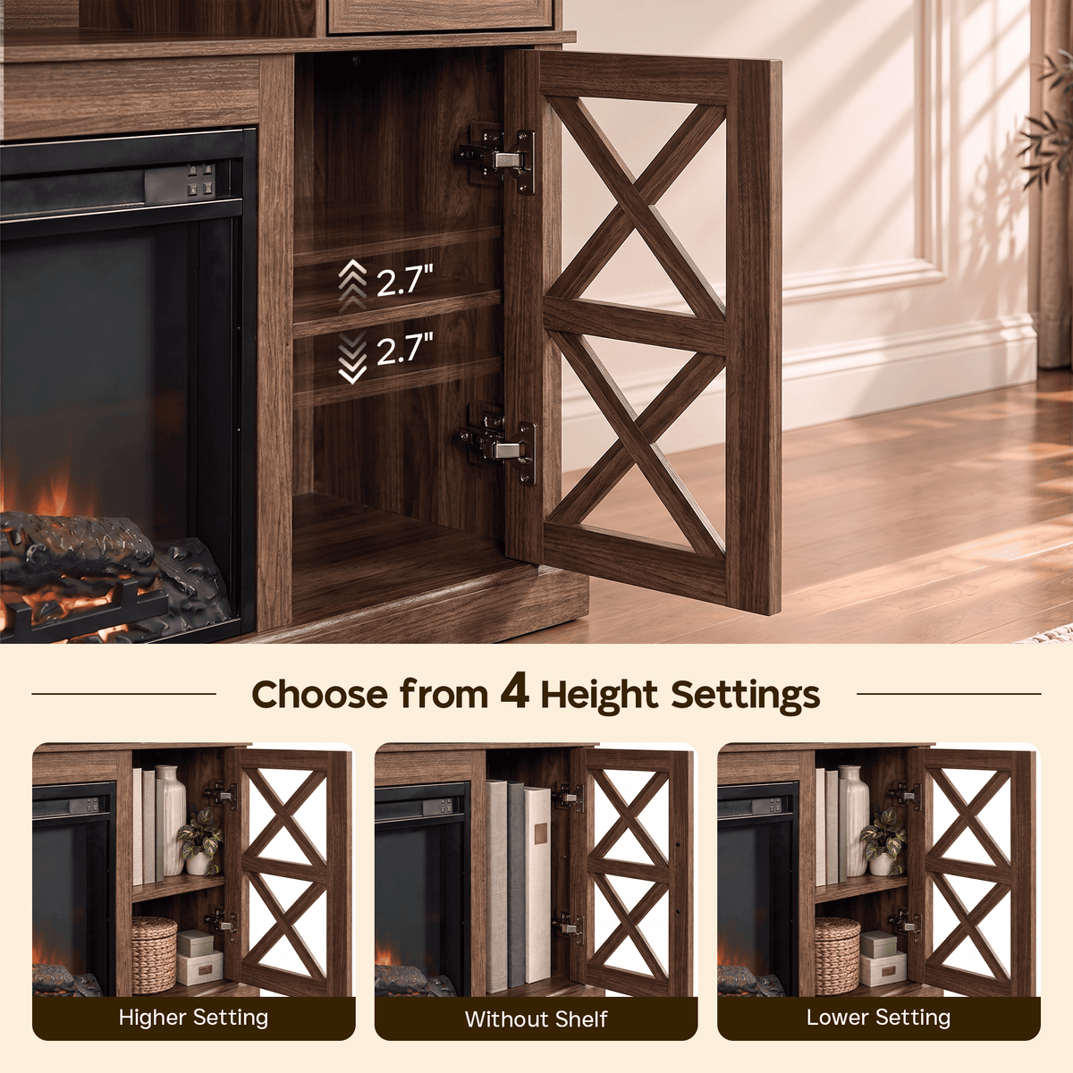 YINIX 1500W Electric Fireplace TV Stand with 31" Fireplace, 60" TV Console for TVs Up to 65", 9 Flame Colors, 12 Ambient Light Colors, 11 Heat Settings