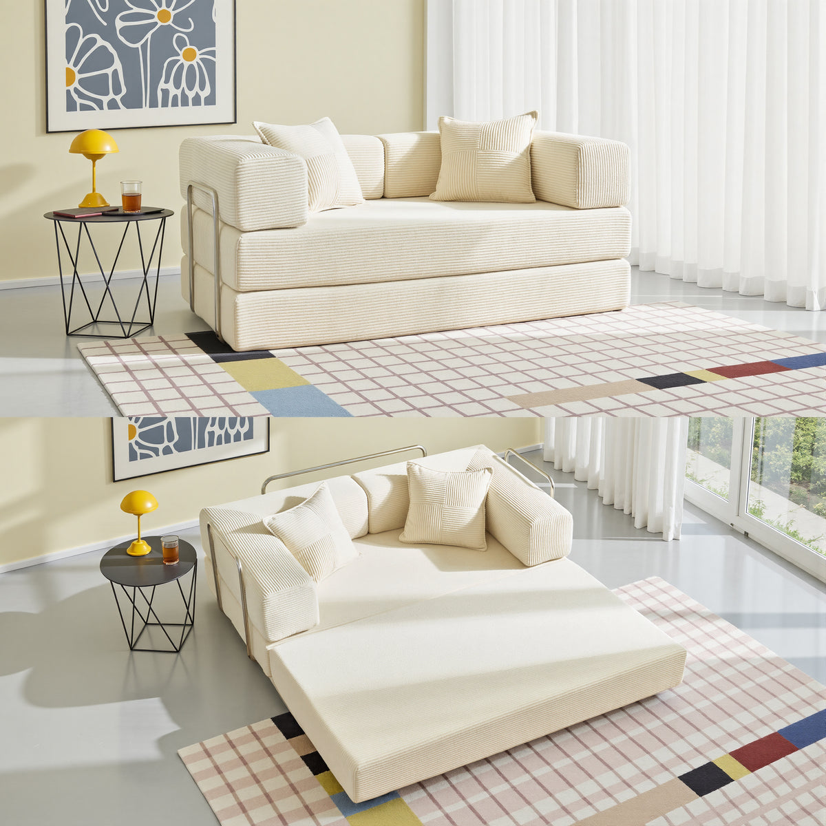 YINIX 62.9" Convertible Sleeper Sofa Bed with 2 Pillows, Removable Floor Sofa Couch for Living Room Small Spaces, Beige