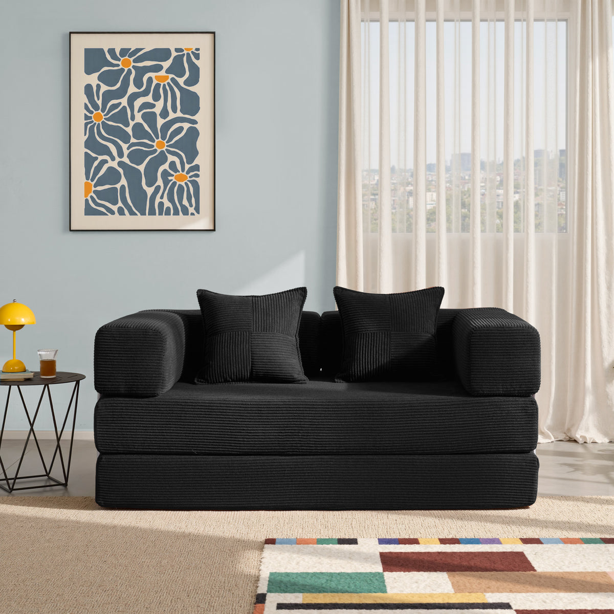 YINIX 62.9" Convertible Sofa Bed with 2 Pillows, Removable Floor Sofa Couch for Living Room Small Spaces, Black