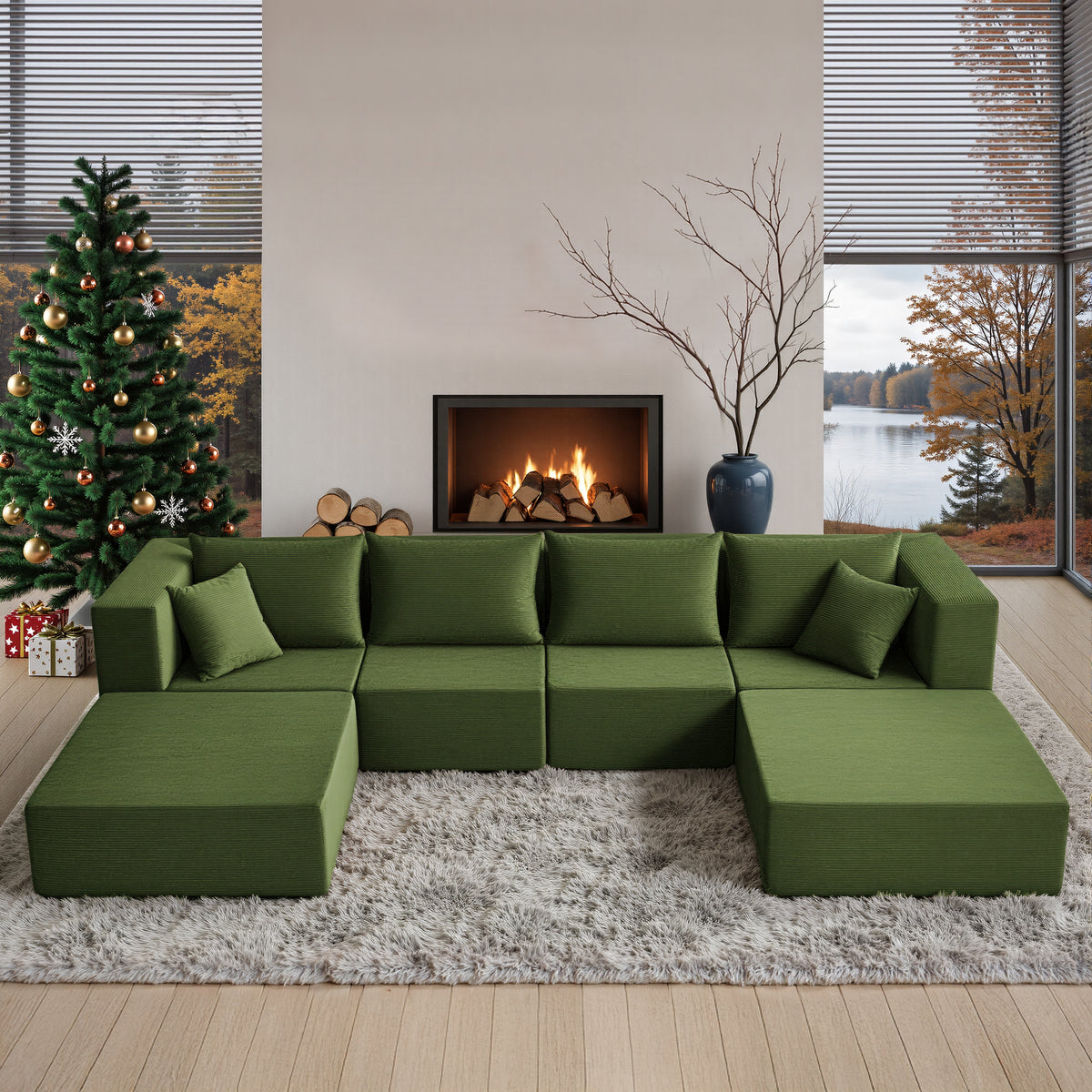 YINIX 140"Corduroy Sectional Sofa for Living Room, Comfy Cloud Couch with Movable Ottomans, Green