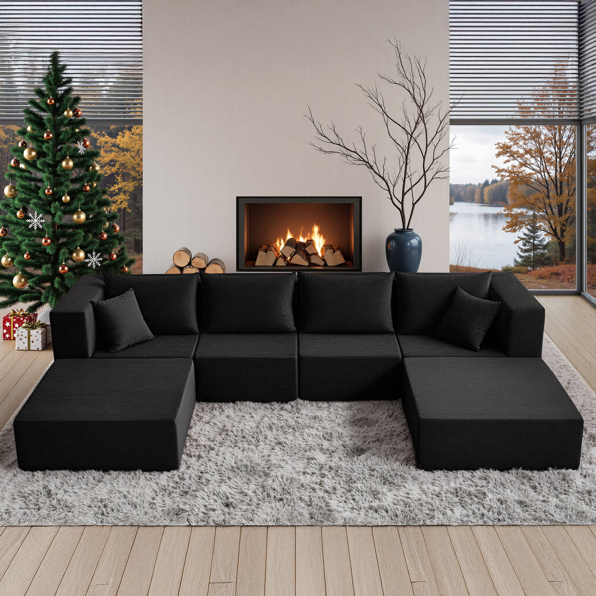 YINIX 140"Corduroy Sectional Sofa for Living Room, Comfy Cloud Couch with Movable Ottomans, Black