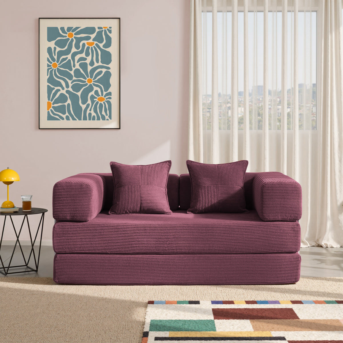 YINIX 62.9" Convertible Sleeper Sofa Bed with 2 Pillows, Removable Floor Sofa Couch for Living Room Small Spaces, Orange