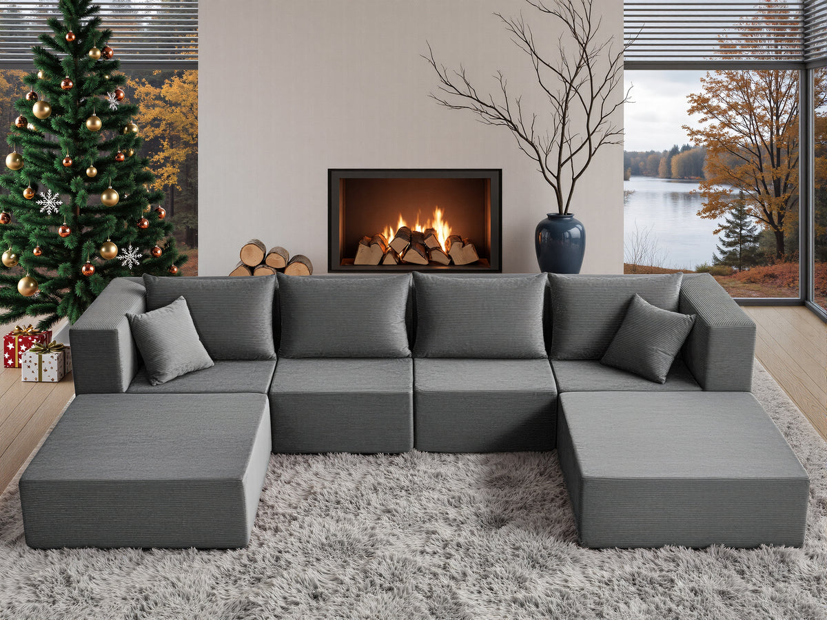 YINIX 140"Corduroy Sectional Sofa for Living Room, Comfy Cloud Couch with Movable Ottomans, Grey