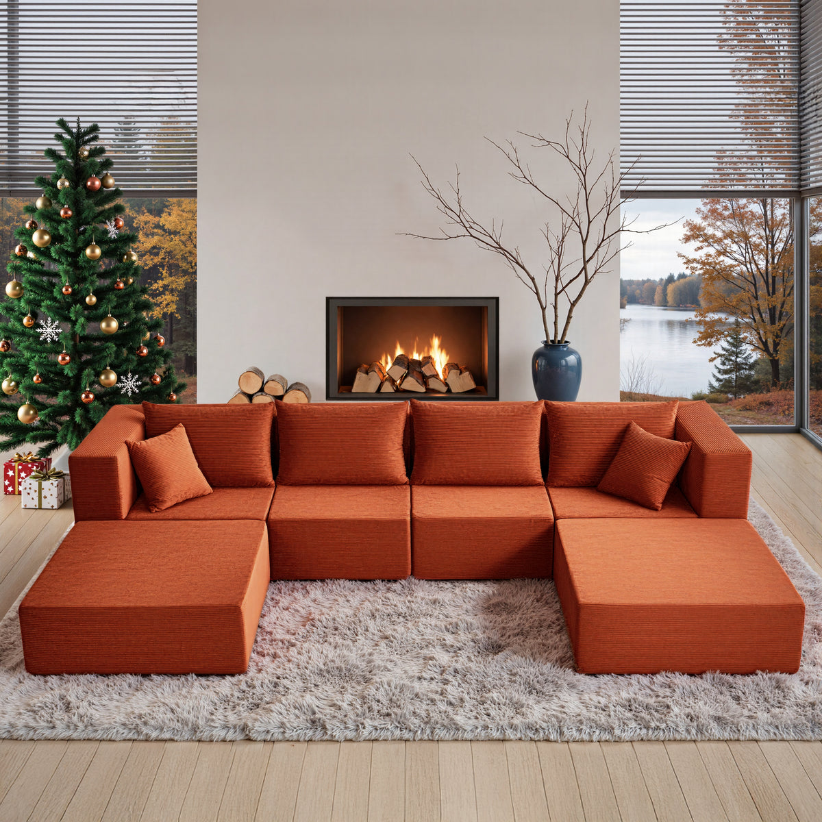 YINIX 140"Corduroy Sectional Sofa for Living Room, Comfy Cloud Couch with Movable Ottomans, Orange