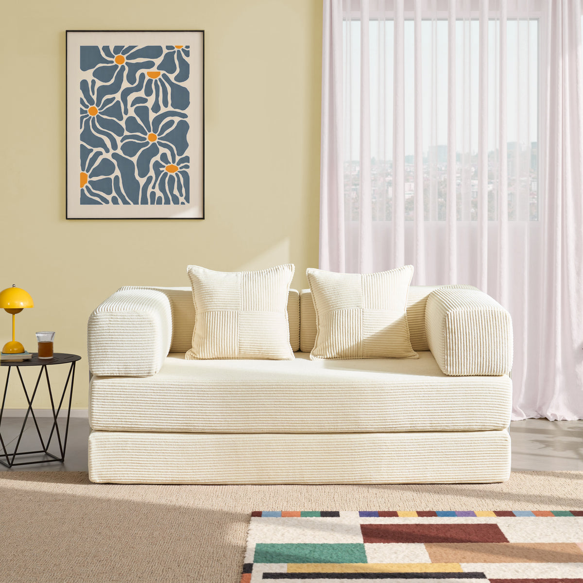 YINIX 62.9" Convertible Sleeper Sofa Bed with 2 Pillows, Removable Floor Sofa Couch for Living Room Small Spaces, Beige