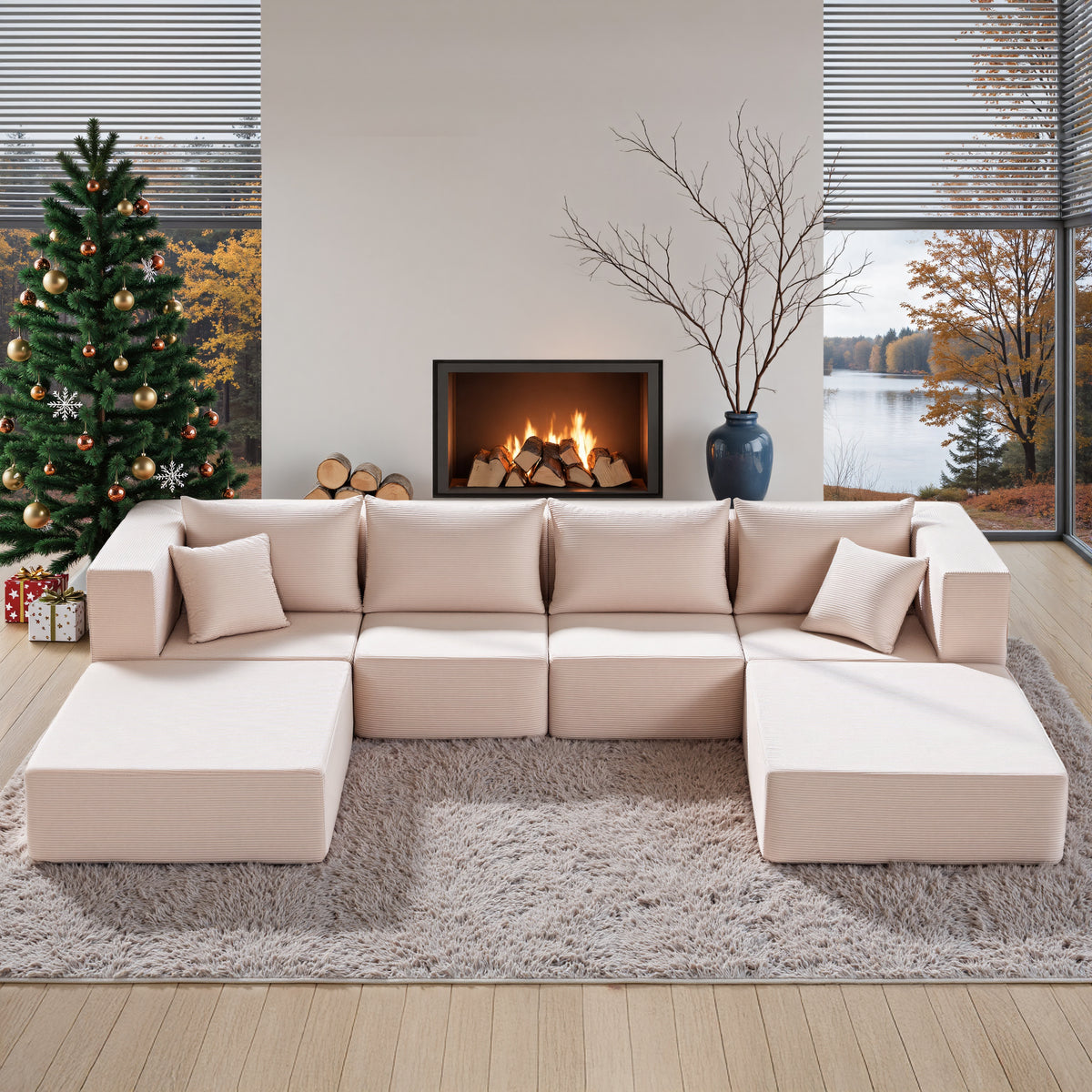 YINIX 140"Corduroy Sectional Sofa for Living Room, Comfy Cloud Couch with Movable Ottomans, Beige