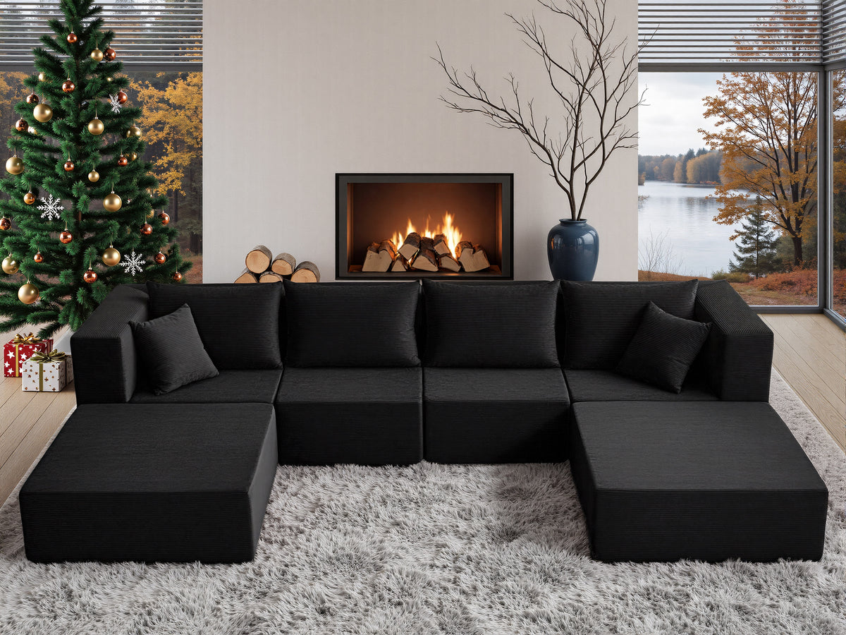 YINIX 140"Corduroy Sectional Sofa for Living Room, Comfy Cloud Couch with Movable Ottomans, Black