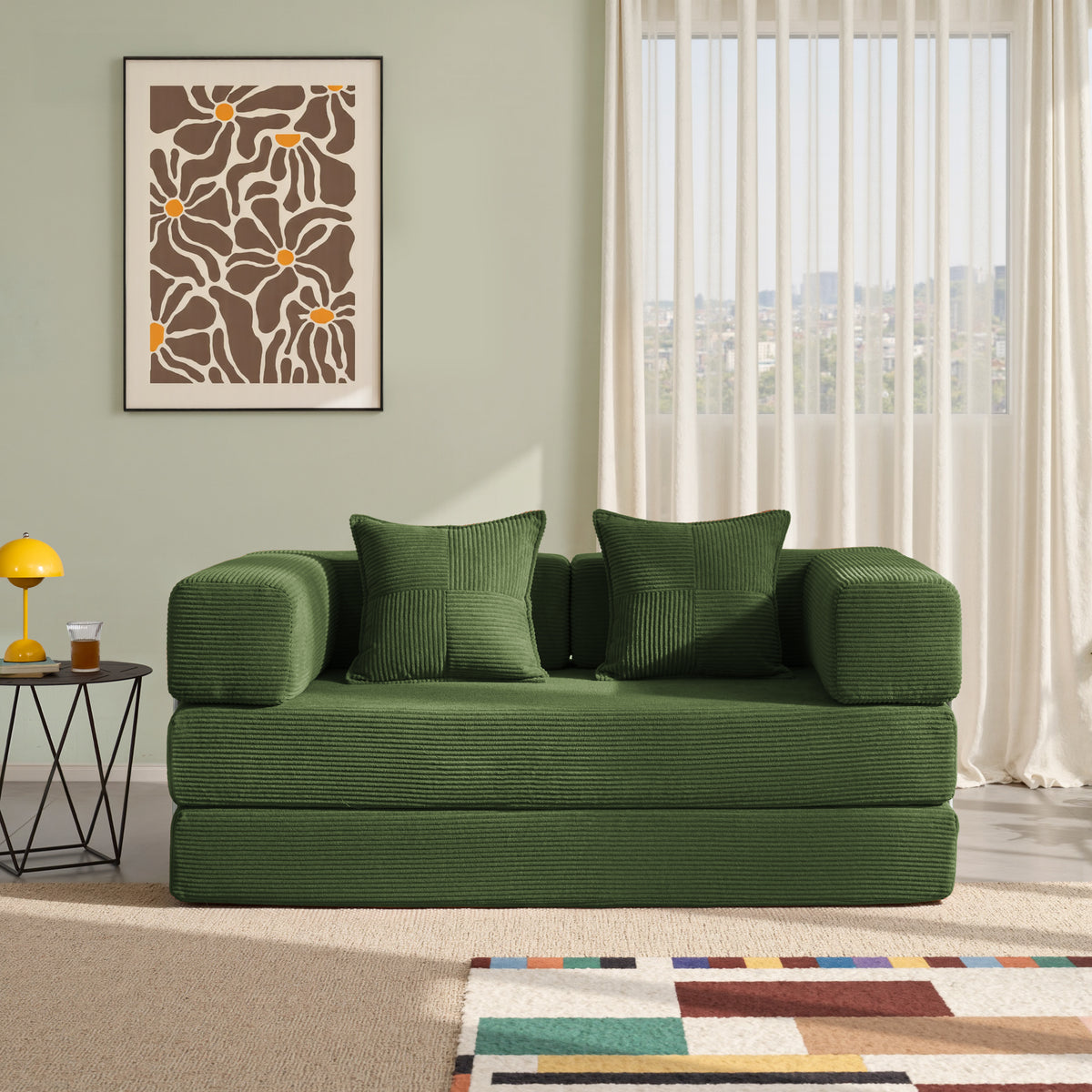 YINIX 62.9" Convertible Sleeper Sofa Bed with 2 Pillows, Removable Floor Sofa Couch for Living Room Small Spaces, Green