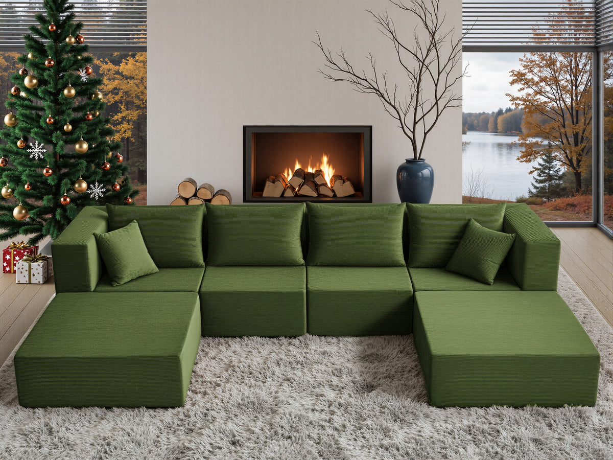 YINIX 140"Corduroy Sectional Sofa for Living Room, Comfy Cloud Couch with Movable Ottomans, Green