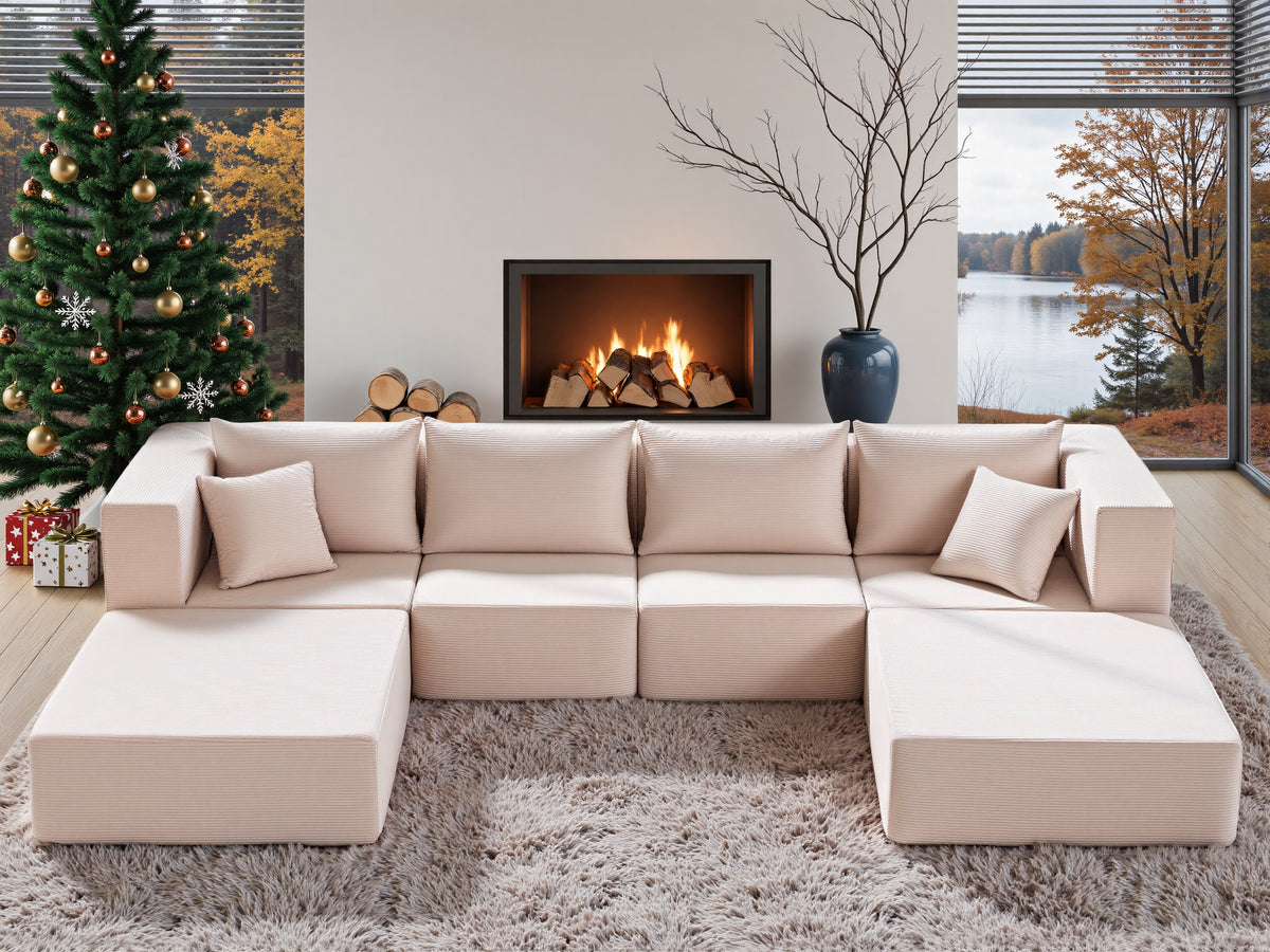 YINIX 140"Corduroy Sectional Sofa for Living Room, Comfy Cloud Couch with Movable Ottomans, Beige