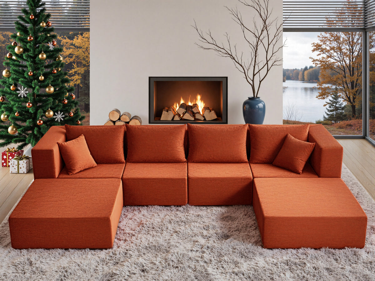 YINIX 140"Corduroy Sectional Sofa for Living Room, Comfy Cloud Couch with Movable Ottomans, Orange