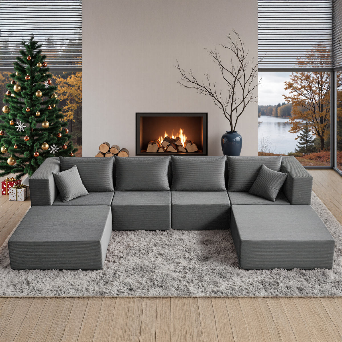YINIX 140"Corduroy Sectional Sofa for Living Room, Comfy Cloud Couch with Movable Ottomans, Grey