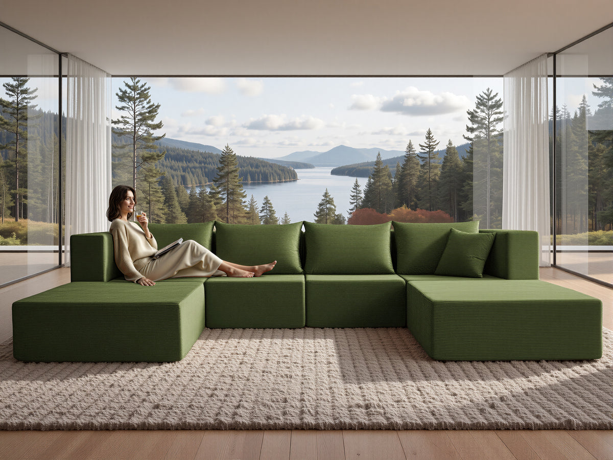 YINIX 140"Corduroy Sectional Sofa for Living Room, Comfy Cloud Couch with Movable Ottomans, Green