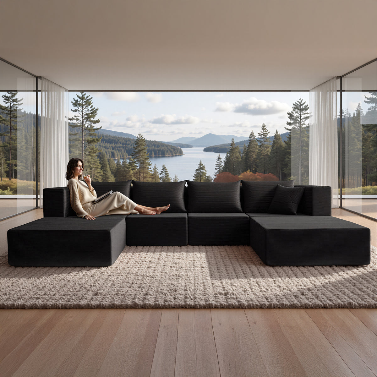 YINIX 140"Corduroy Sectional Sofa for Living Room, Comfy Cloud Couch with Movable Ottomans, Black
