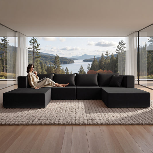 YINIX 140"Corduroy Sectional Sofa for Living Room, Comfy Cloud Couch with Movable Ottomans, Black