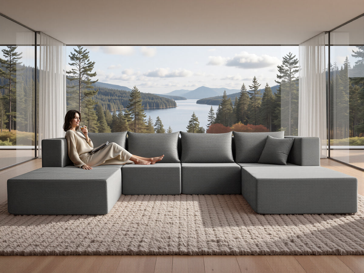 YINIX 140"Corduroy Sectional Sofa for Living Room, Comfy Cloud Couch with Movable Ottomans, Grey