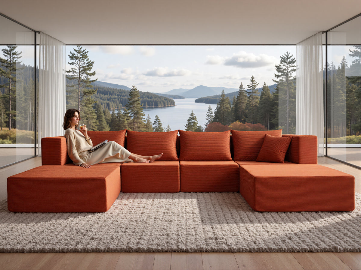 YINIX 140"Corduroy Sectional Sofa for Living Room, Comfy Cloud Couch with Movable Ottomans, Orange