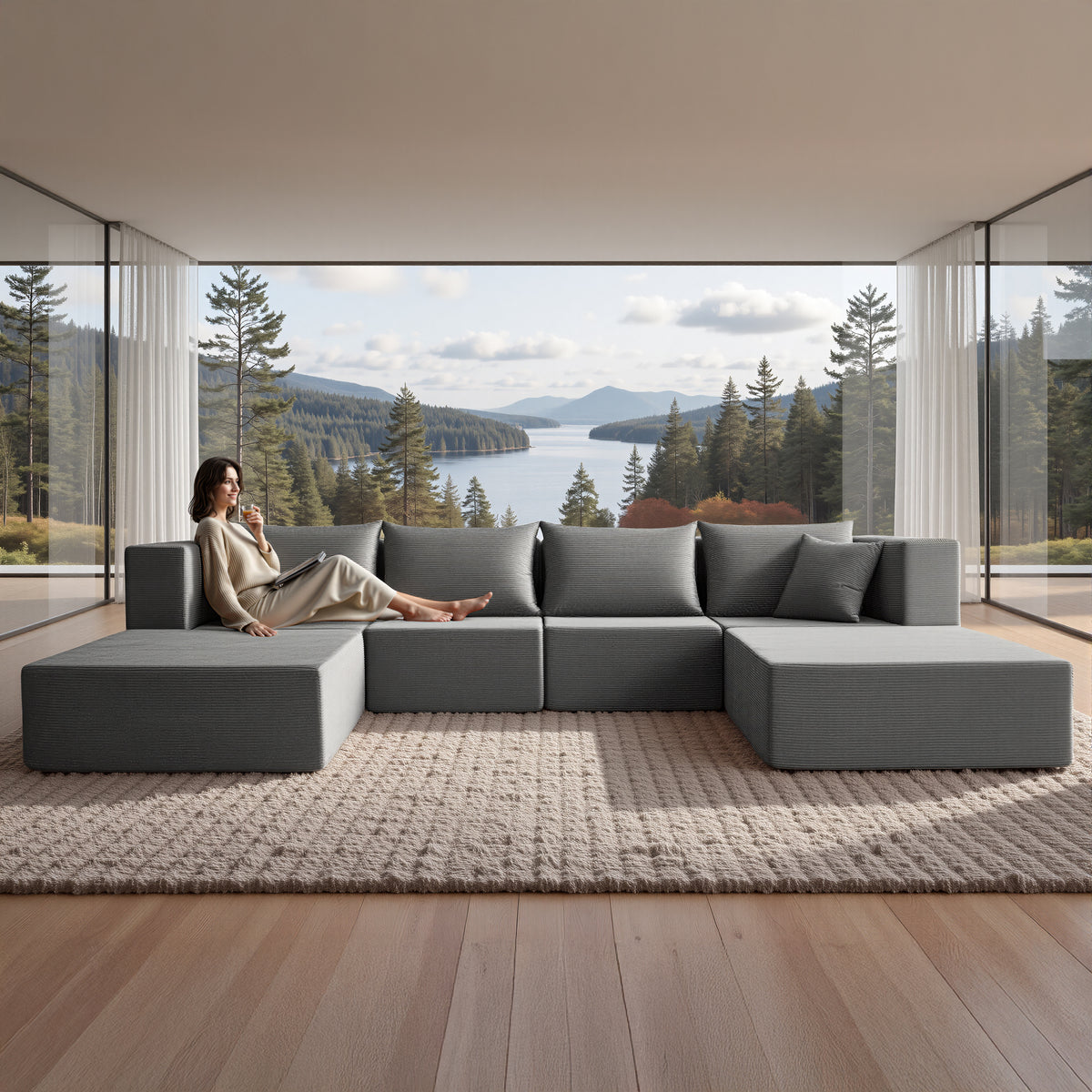 YINIX 140"Corduroy Sectional Sofa for Living Room, Comfy Cloud Couch with Movable Ottomans, Grey