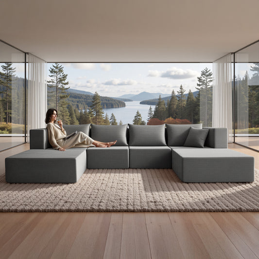 YINIX 140"Corduroy Sectional Sofa for Living Room, Comfy Cloud Couch with Movable Ottomans, Grey