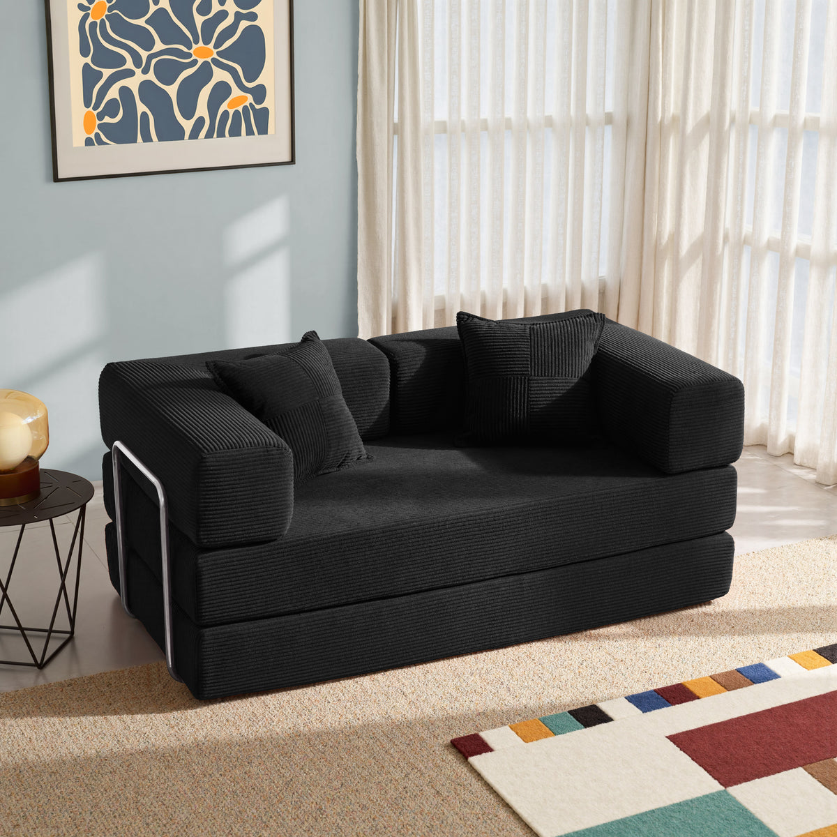 YINIX 62.9" Convertible Sofa Bed with 2 Pillows, Removable Floor Sofa Couch for Living Room Small Spaces, Black